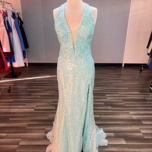 Mon Cheri Sequin Halter Prom Gown in Light Aqua
